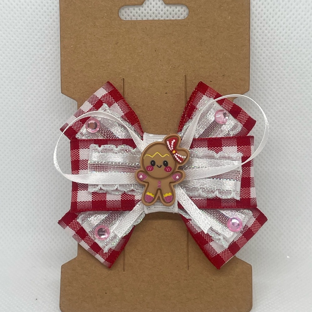 Red and White Gingham Hair Bow with Gingerbread Accent